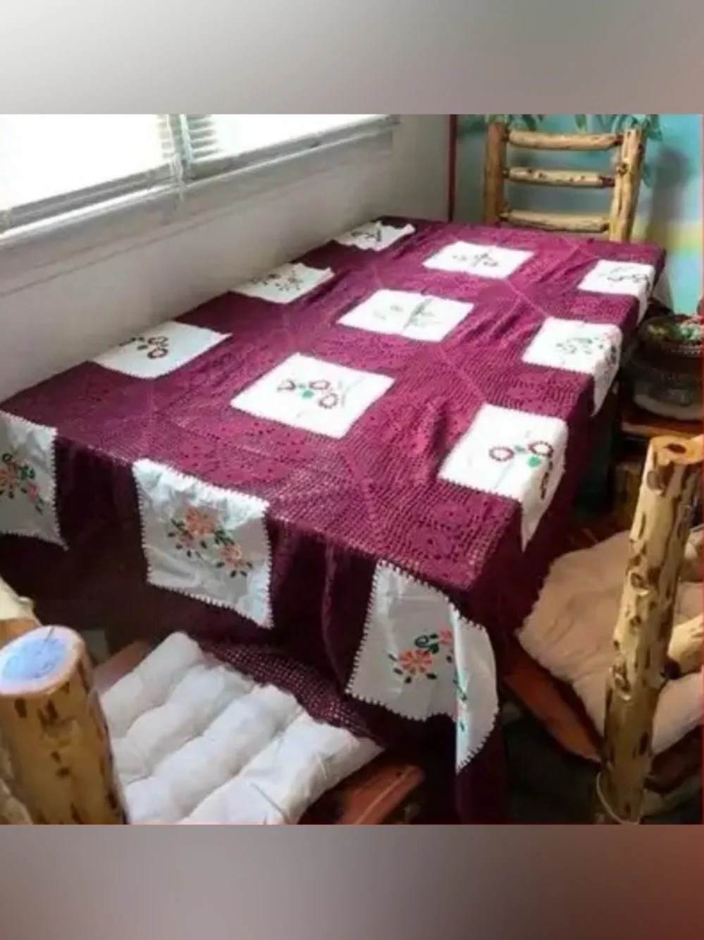 Handmade Burgundy Crochet Tablecloth with Embroidered White Panels